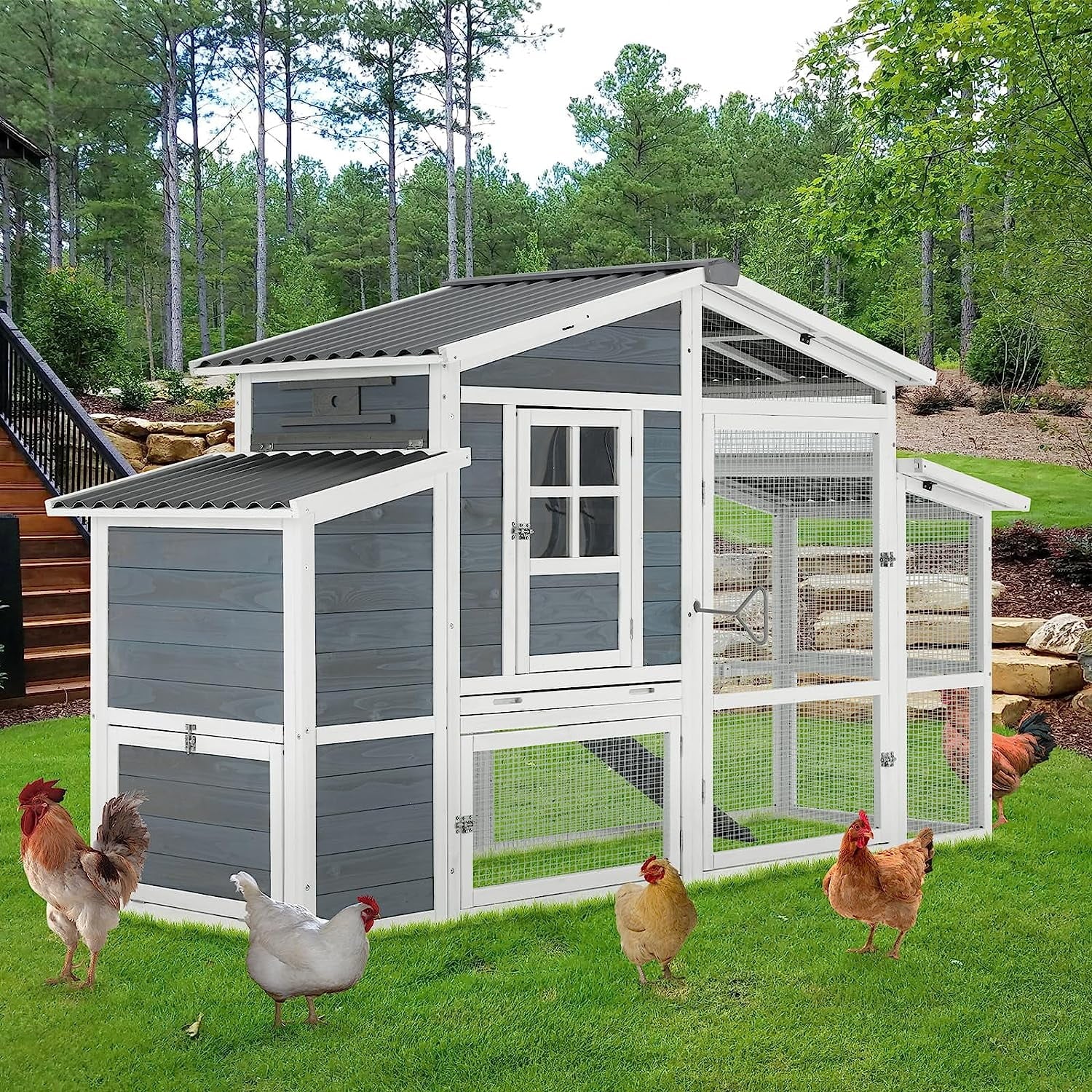 YODOLLA Large Wooden Chicken Coop with Nesting Boxes, Fits 6-8 Chickens in Gray