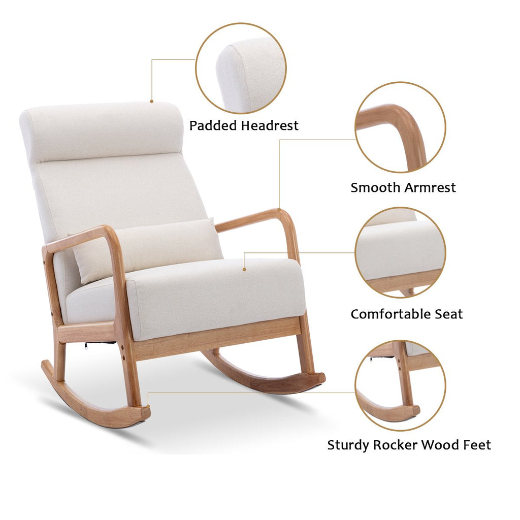 Mid-Century Upholstered Rocking Chair with Thick Padded Cushion & Pillow, Glider Rocker Chair for Living Room