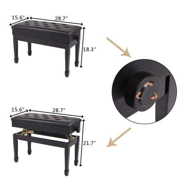23'' Genuine Leather Piano Bench, Adjustable Artist Concert Piano Bench Stool with Storage, Black