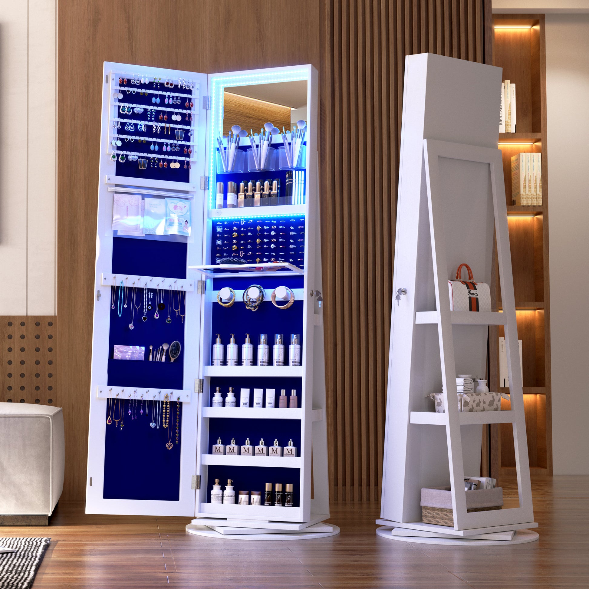 Floor Standing Jewelry Armoire, Angle Adjustable Jewelry Organizer, Dressing Mirror Jewelry Cabinet with Full Length Mirror, White