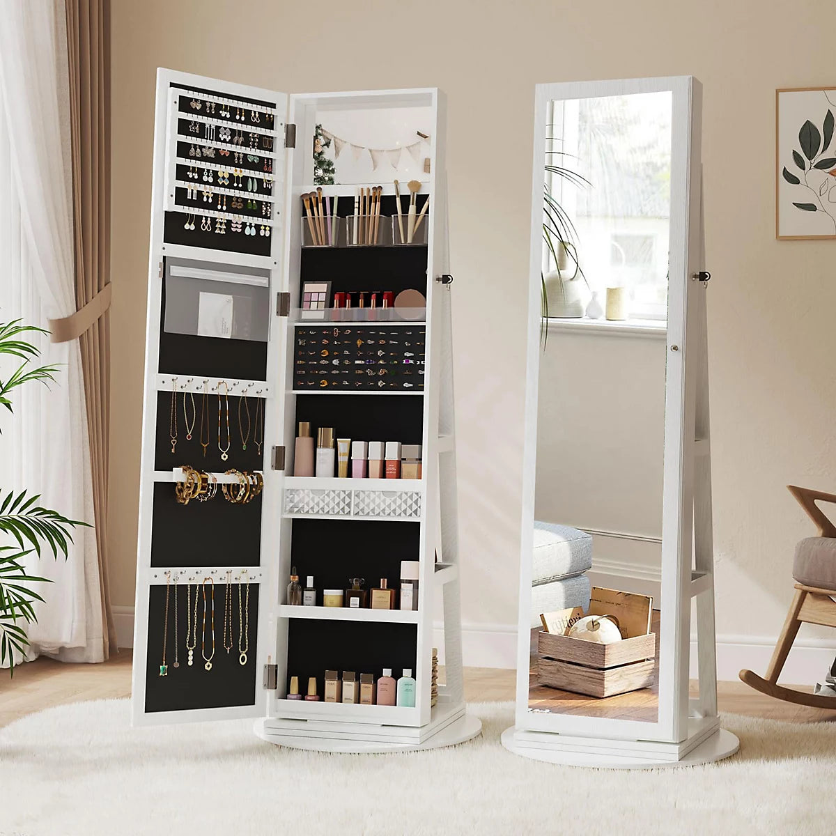 Floor Standing Jewelry Armoire, Angle Adjustable Jewelry Organizer, Dressing Mirror Jewelry Cabinet with Full Length Mirror, White