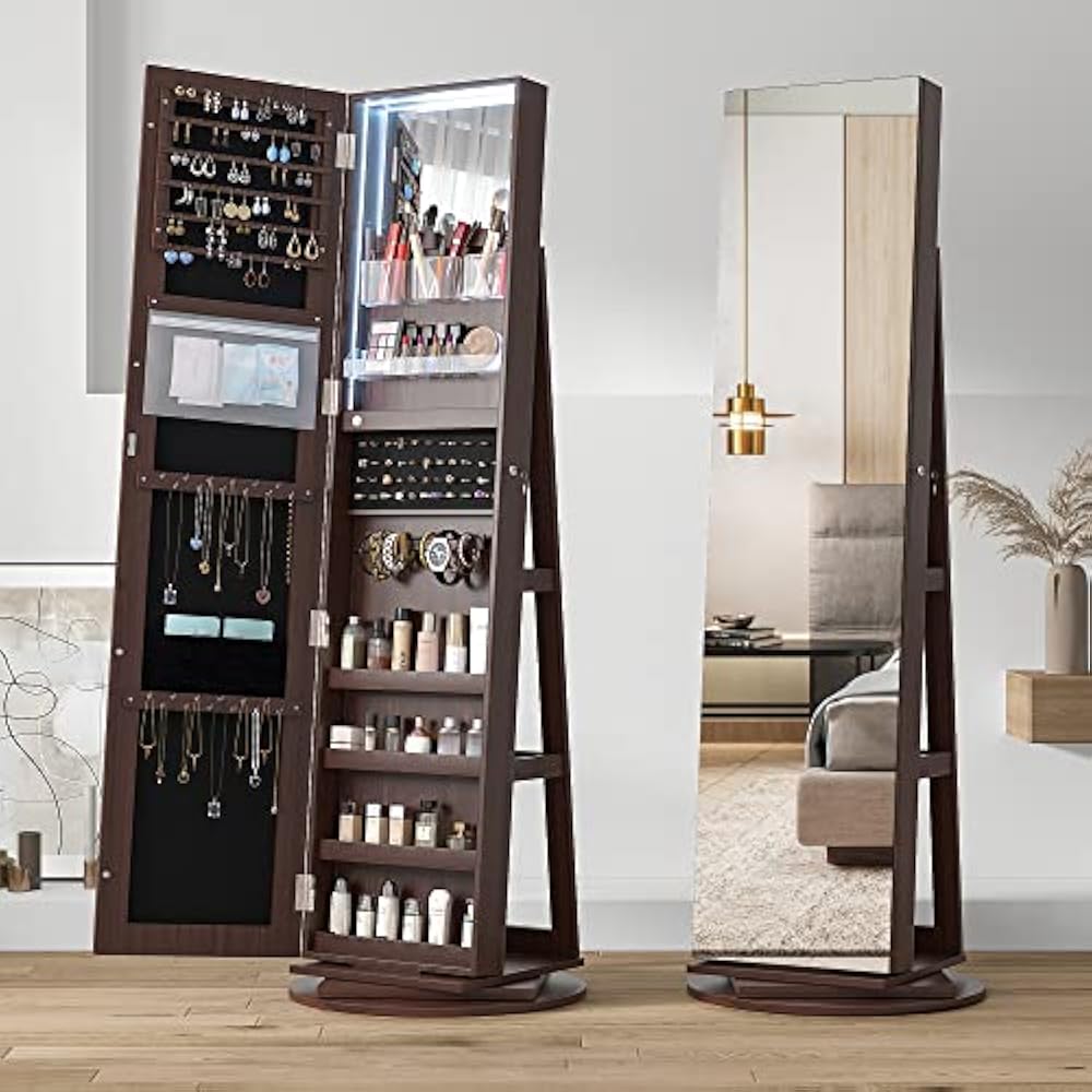 Floor Standing Jewelry Armoire, Angle Adjustable Jewelry Organizer, Dressing Mirror Jewelry Cabinet with Full Length Mirror, White