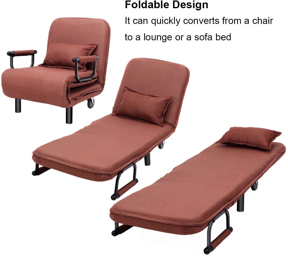 Convertible Chair Bed, Folding Arm Chair Sleeper, 5 Position Recliner with Pillow, Brown