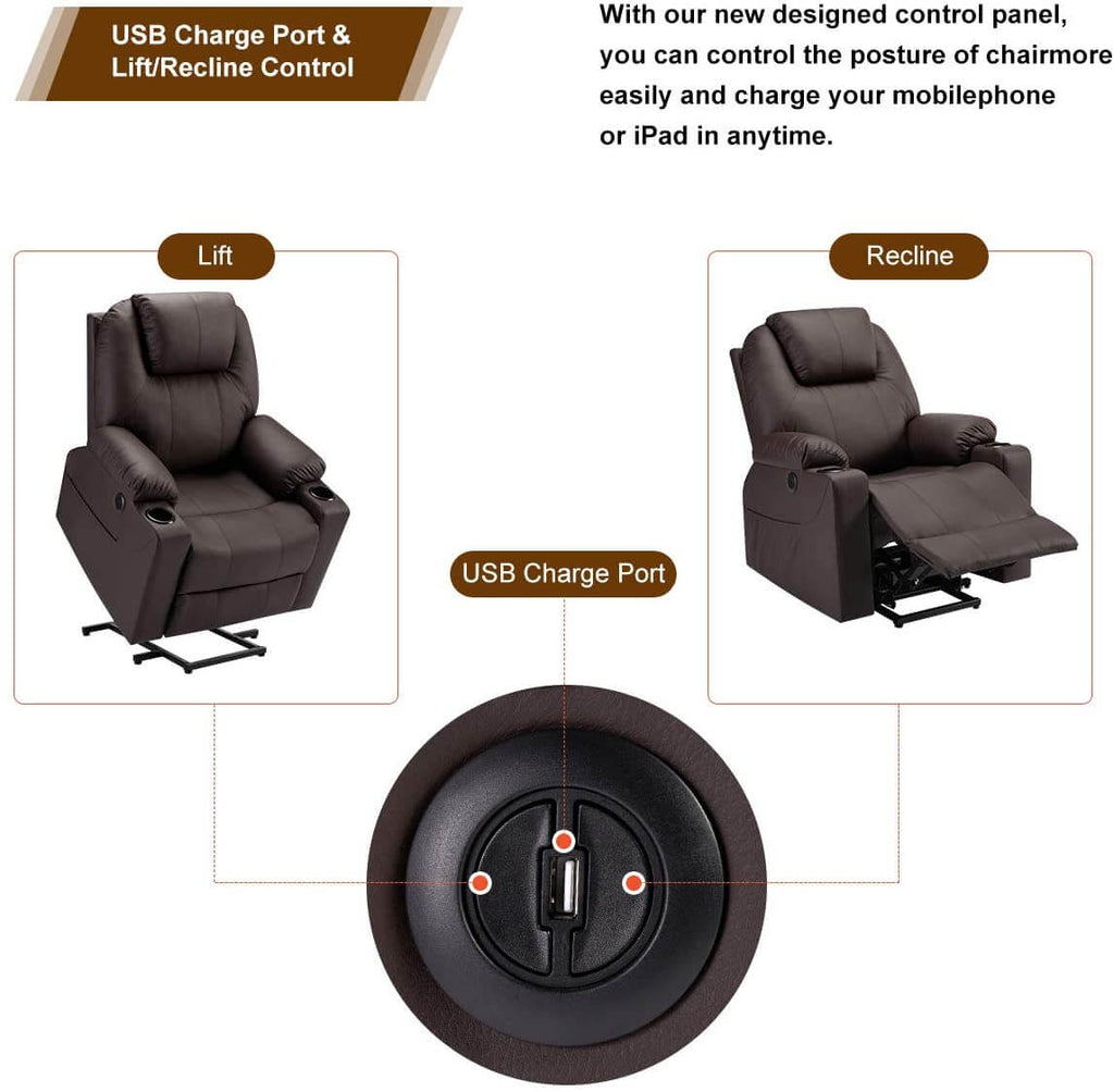 Electric Power Recliner Lift Chair Faux Leather Electric Recliner for Elderly, Heated Vibration Massage Sofa with Side Pockets, USB Charge Port & Remote Control, Dark Brown