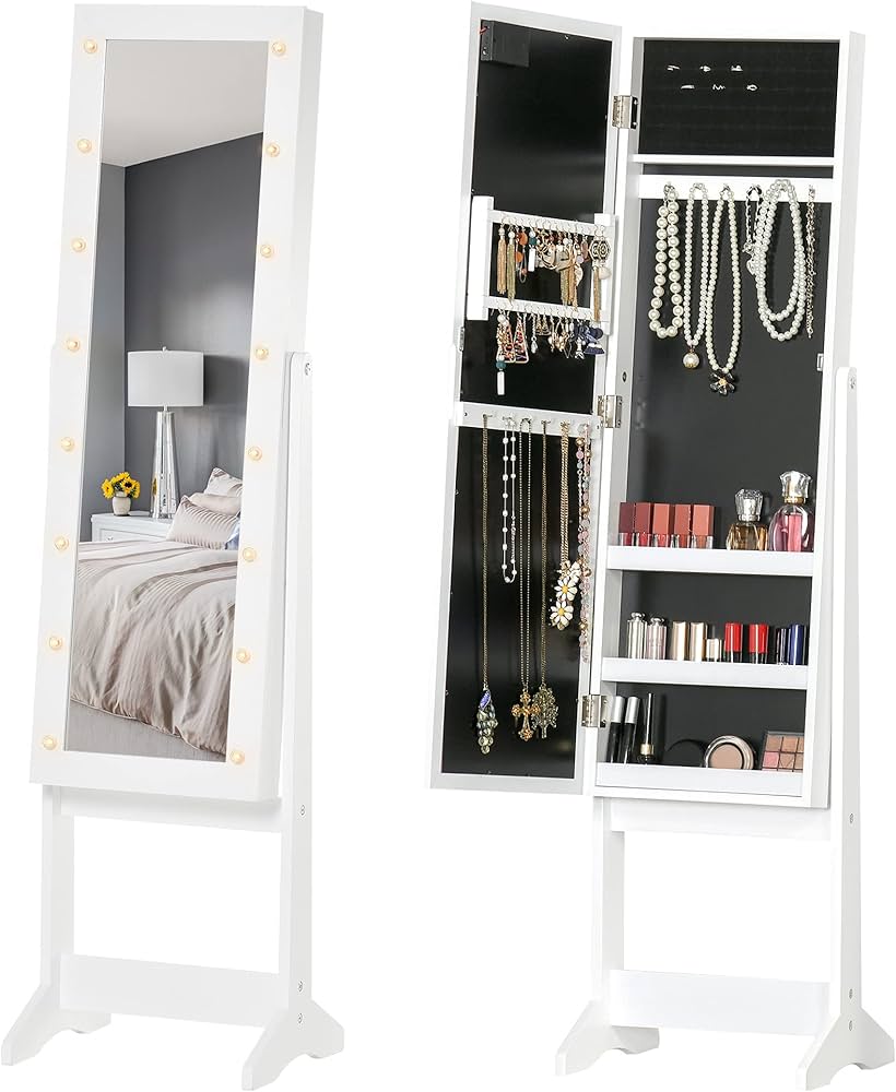 Floor Standing Jewelry Armoire, Angle Adjustable Jewelry Organizer, Dressing Mirror Jewelry Cabinet with Full Length Mirror, White
