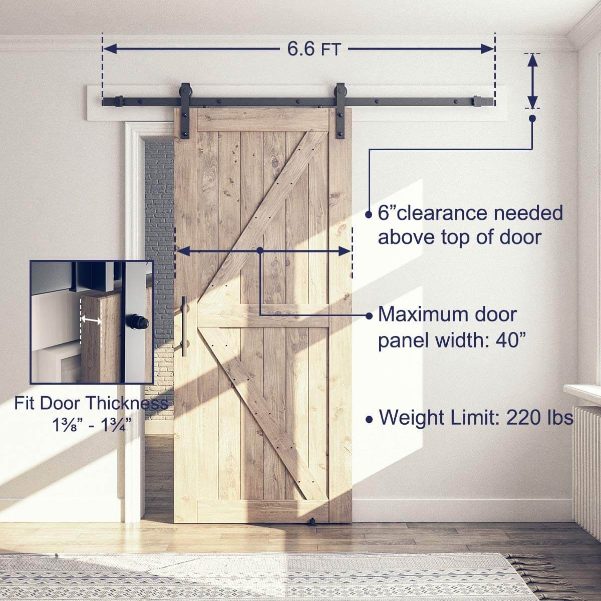 6.6 ft Sliding Barn Door Hardware Antique Style Carbon Steel Single Barn Door Hardware Kit