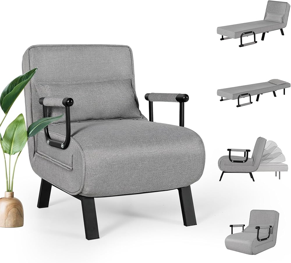Convertible Chair Bed, Folding Arm Chair Sleeper, 5 Position Recliner with Pillow, Brown