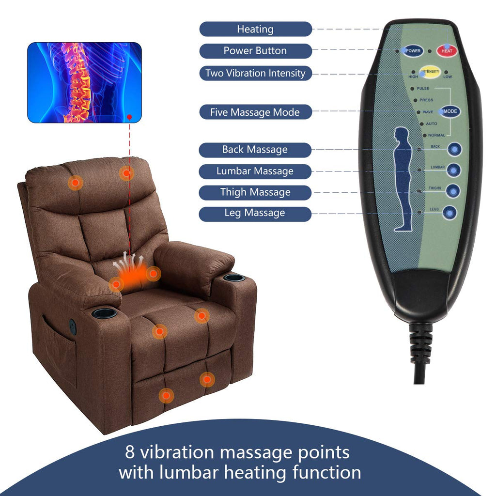 Power Lift Chair Electric Recliner for Elderly Heated Vibration Fabric Sofa Motorized Living Room Chair with Side Pocket and Cup Holders, Brown