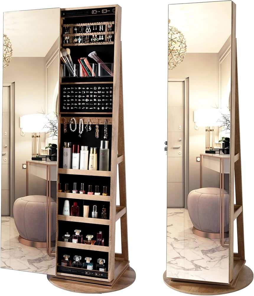 Floor Standing Jewelry Armoire, Angle Adjustable Jewelry Organizer, Dressing Mirror Jewelry Cabinet with Full Length Mirror, White
