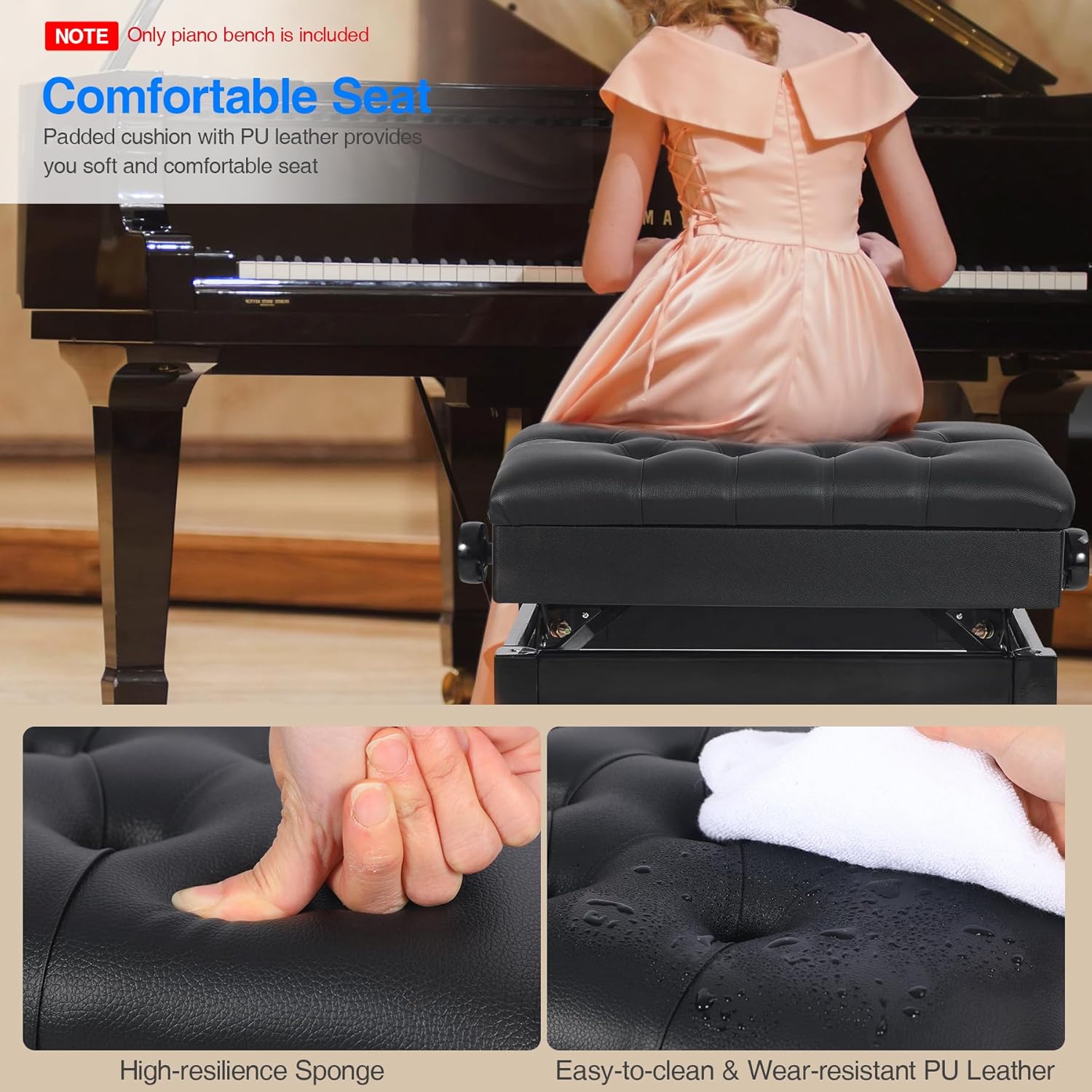 23'' Genuine Leather Piano Bench, Adjustable Artist Concert Piano Bench Stool with Storage, Black