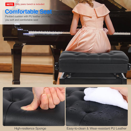23'' Genuine Leather Piano Bench, Adjustable Artist Concert Piano Bench Stool with Storage, Black