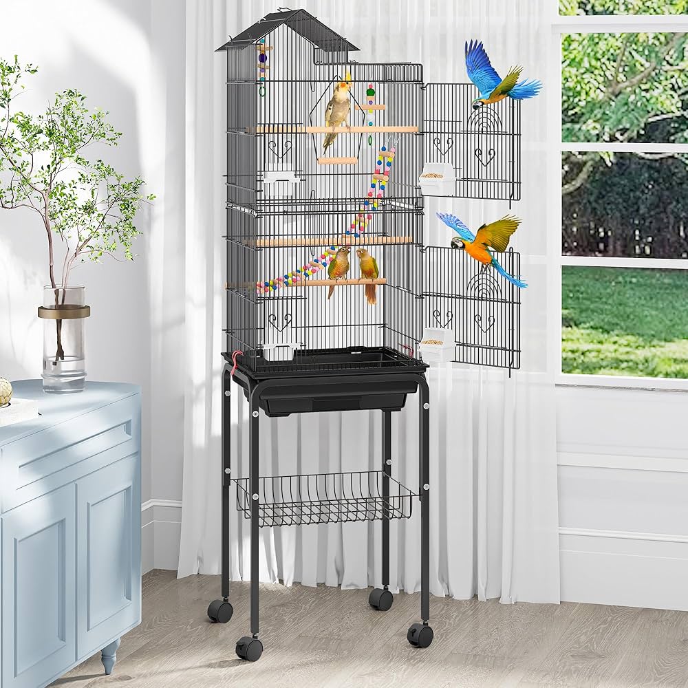 Uforic 62" Metal Birdcage with Rolling Stand and Castor Wheels, Large Parrot Cage with 3 Perches and 4 Feeders, Slide-Out Tray, Black