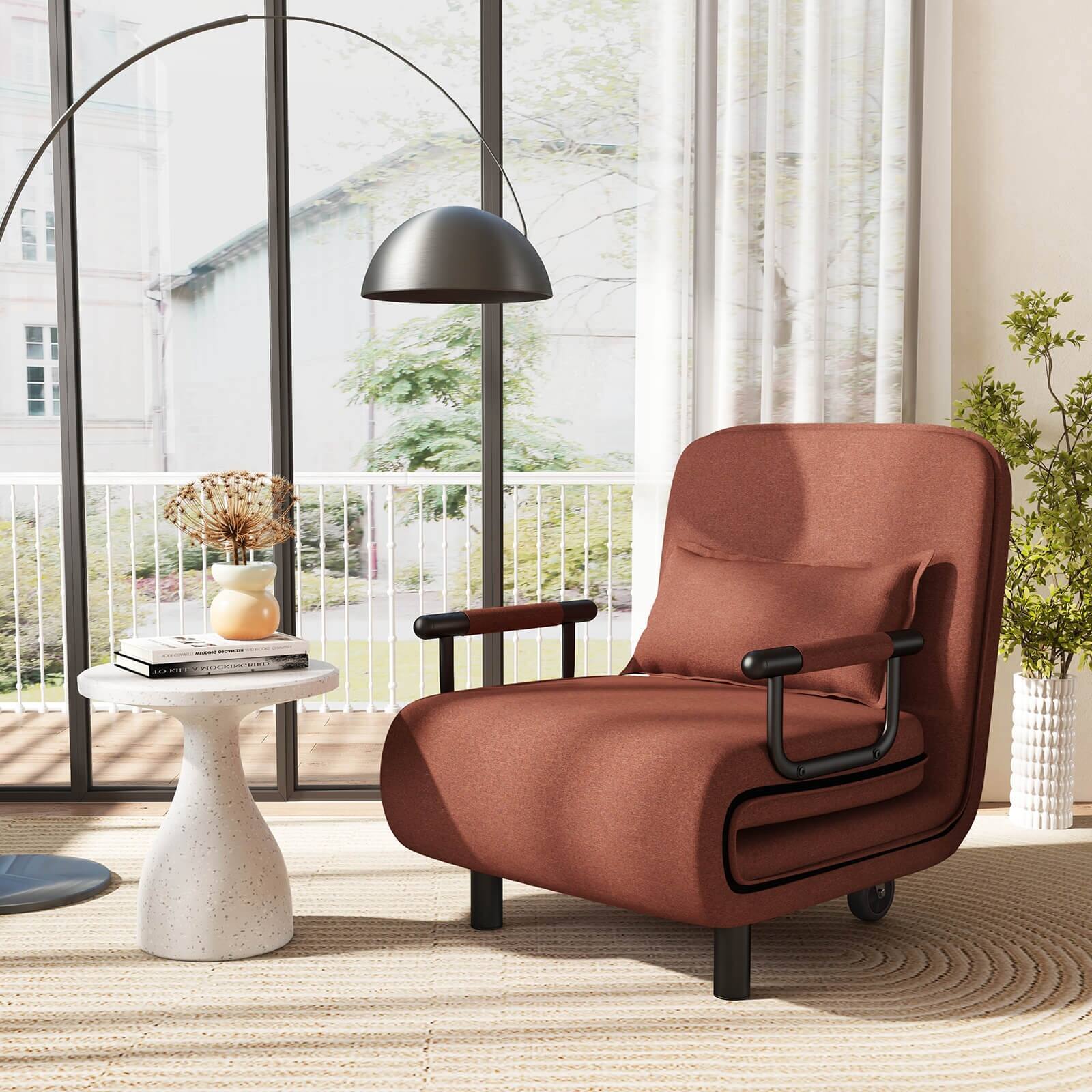 Convertible Chair Bed, Folding Arm Chair Sleeper, 5 Position Recliner with Pillow, Brown