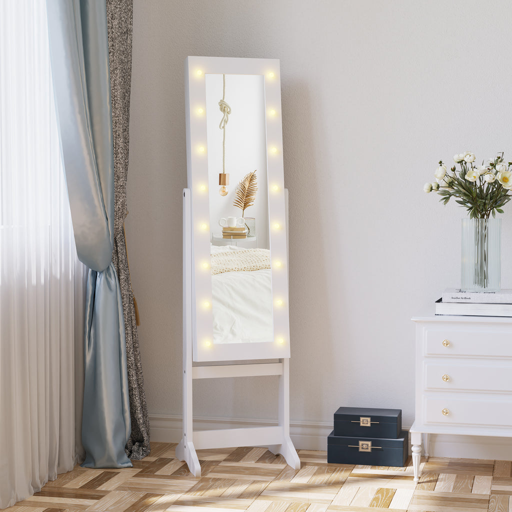 Floor Standing Jewelry Armoire, Angle Adjustable Jewelry Organizer, Dressing Mirror Jewelry Cabinet with Full Length Mirror, White