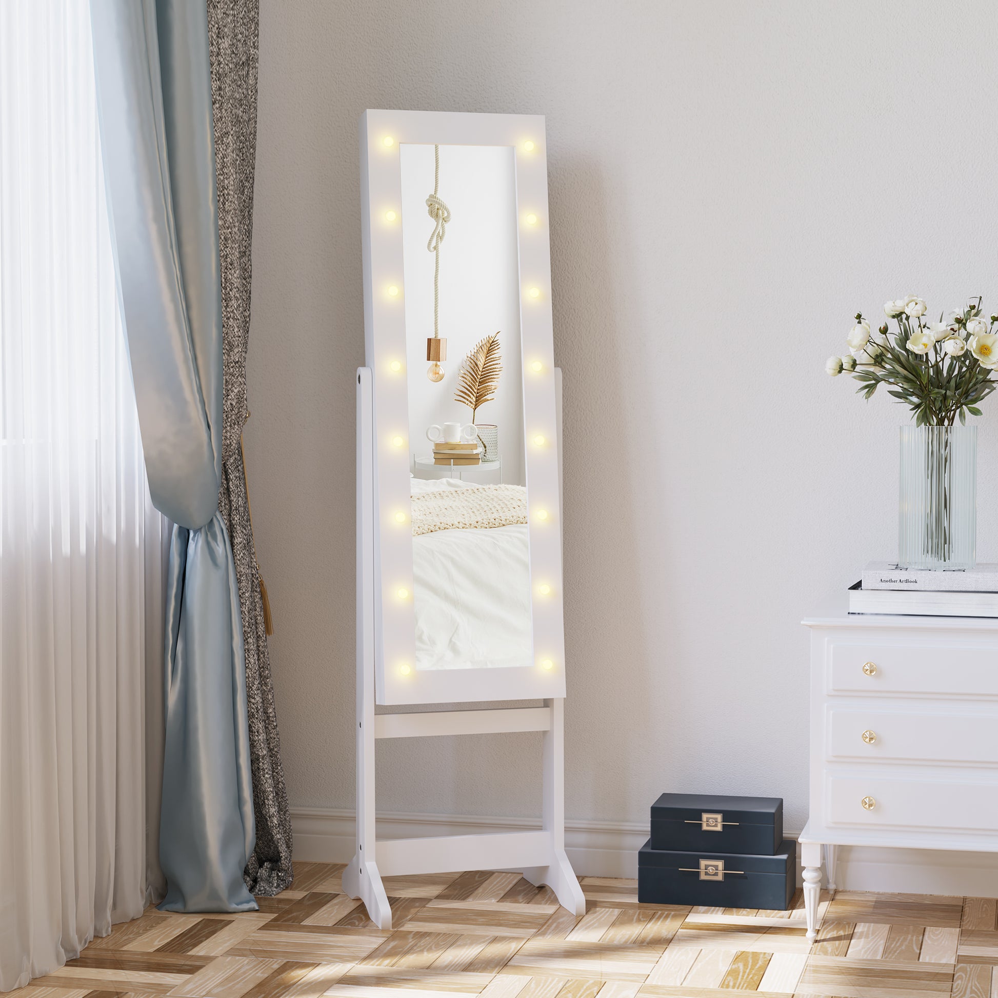Floor Standing Jewelry Armoire, Angle Adjustable Jewelry Organizer, Dressing Mirror Jewelry Cabinet with Full Length Mirror, White