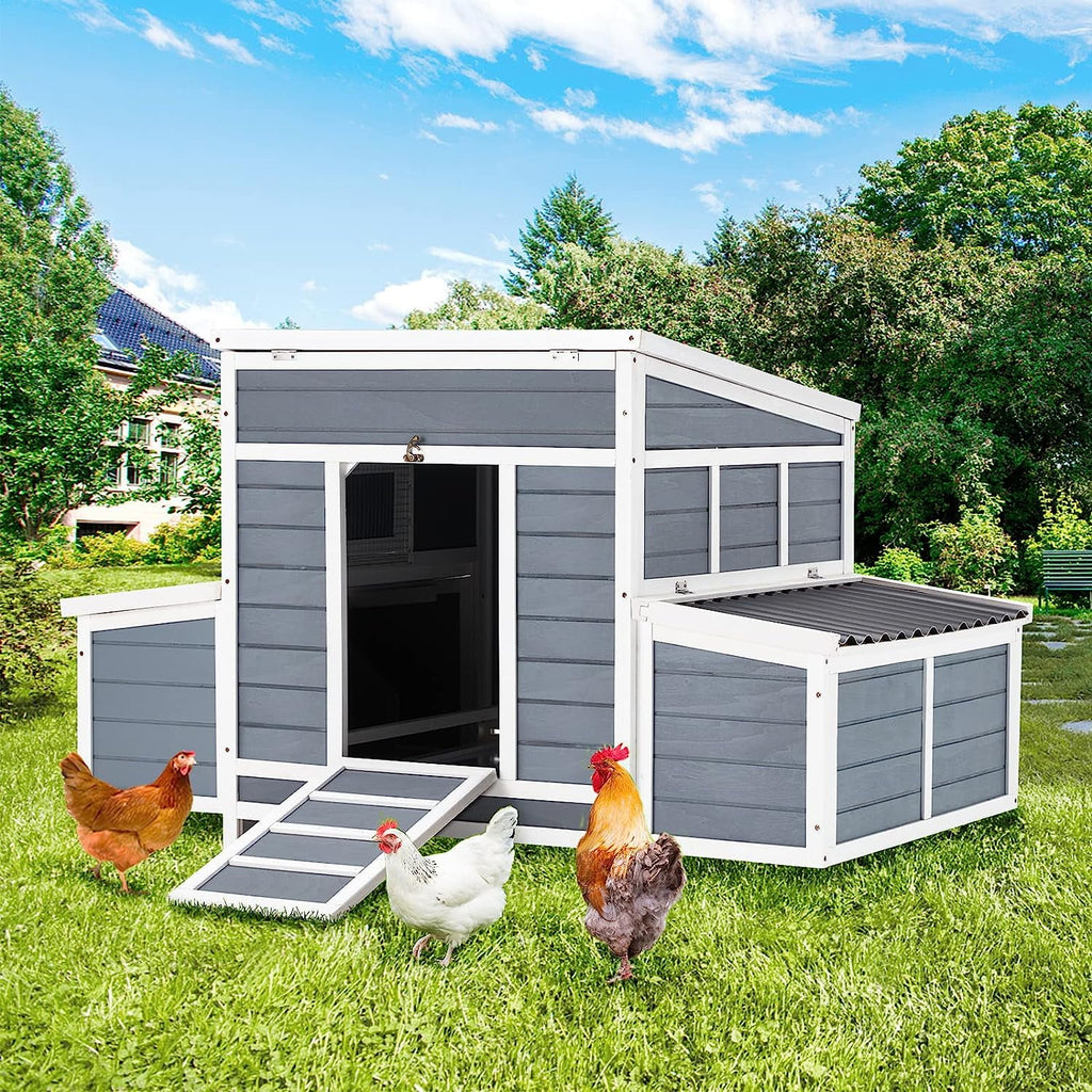 YODOLLA Large Wooden Chicken Coop with Nesting Boxes, Fits 6-8 Chickens in Gray