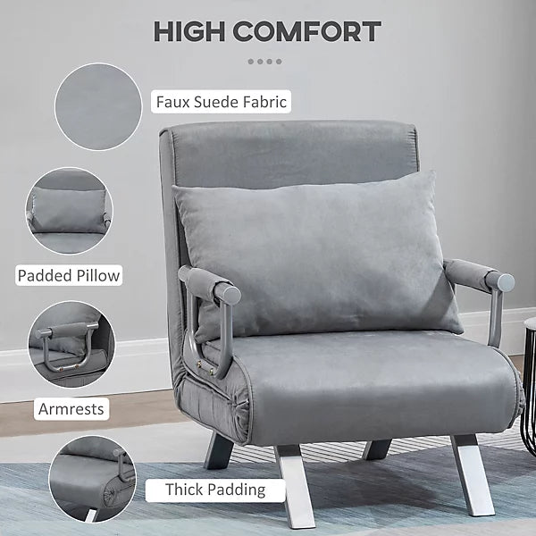 Convertible Chair Bed, Folding Arm Chair Sleeper, 5 Position Recliner with Pillow, Brown