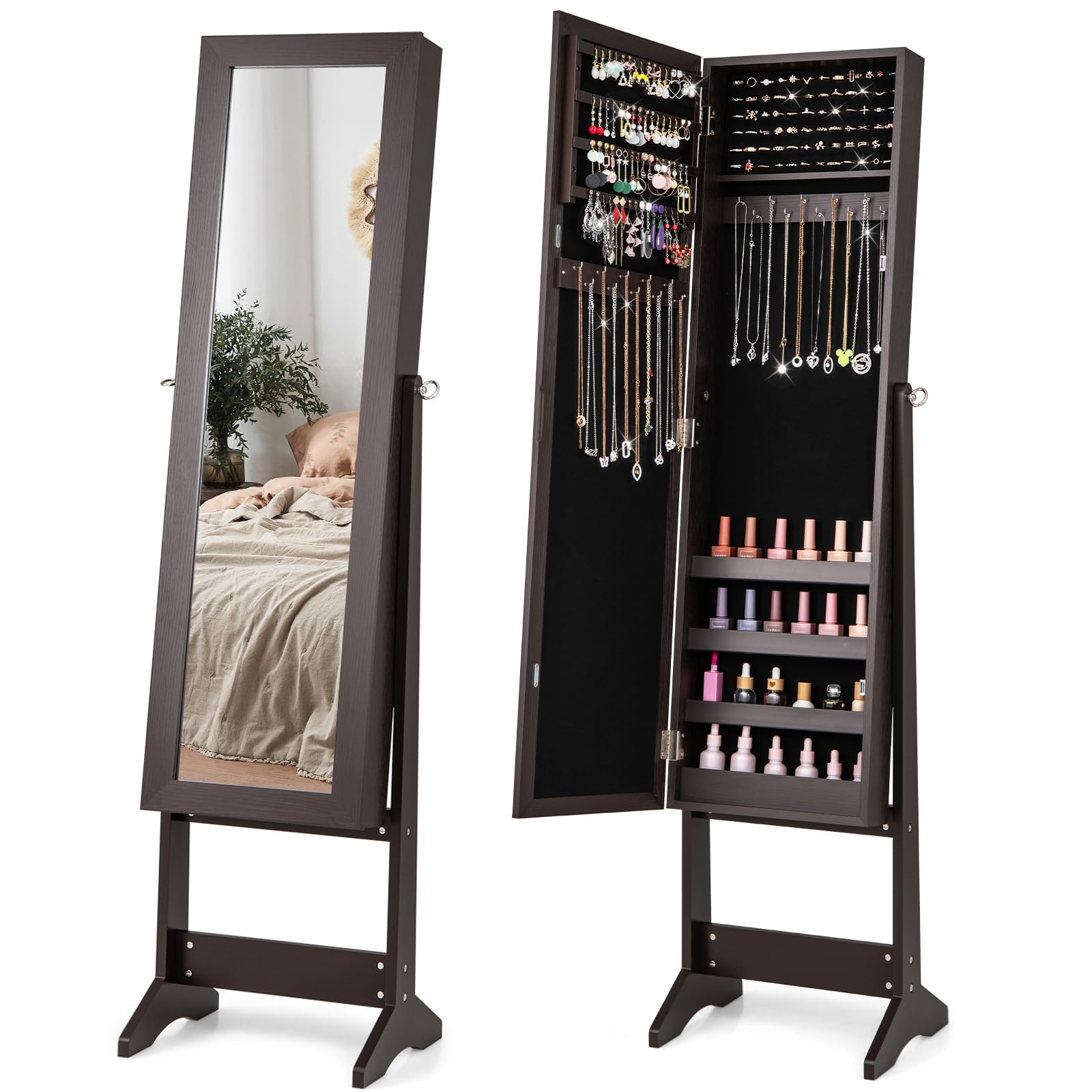 Floor Standing Jewelry Armoire, Angle Adjustable Jewelry Organizer, Dressing Mirror Jewelry Cabinet with Full Length Mirror, White